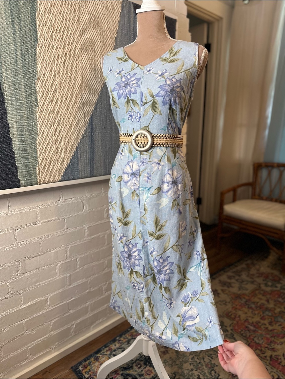 Expressions Linen Blend Blue Floral 90s Sleeveless Midi Dress - Picture 3 of 11